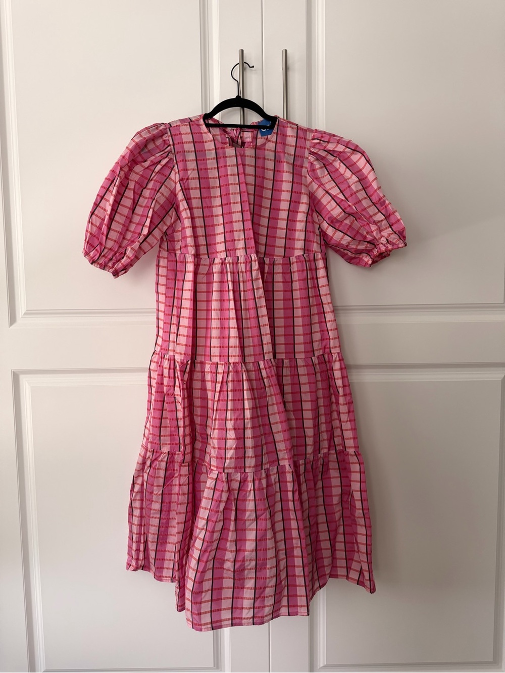 CRAS - Magdalena Dress - Pink Plaid Tiered Puff-Sleeve Dress